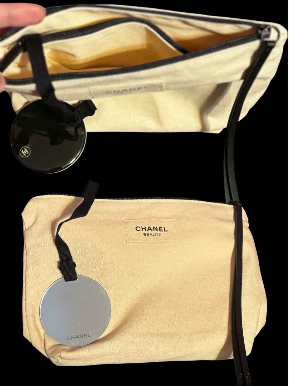 CHANEL Beige Canvas Cosmetic Pouch with Mirror and double Zip - beauty- new